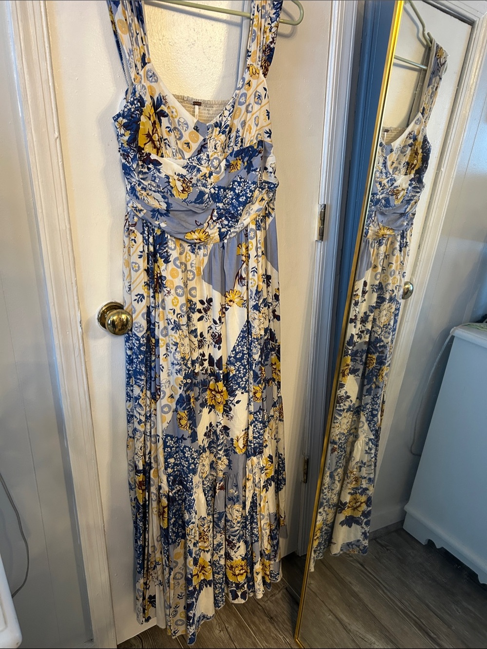 Free People Blue, Yellow and Cream Floral Tiered Maxi Dress with Wide Straps